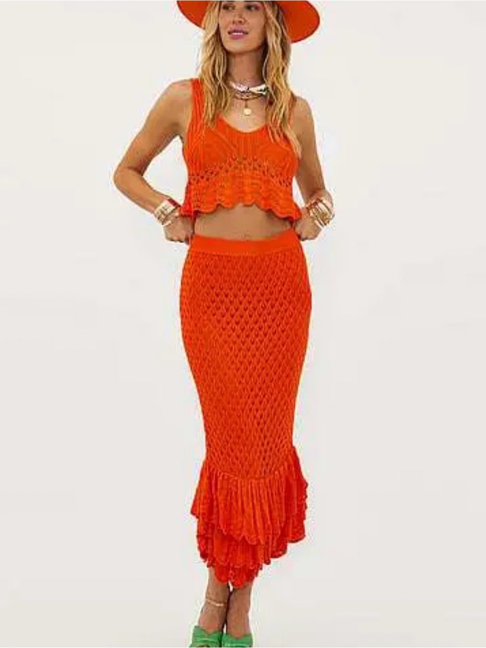 Beach Riot Orange Crochet Midi Skirt Set
